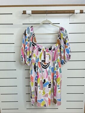 Joy Joy Multicolor Embroidered Babydoll Mini Dress with Balloon Sleeves